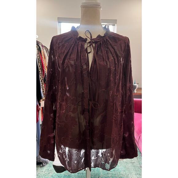 Dorothee Schumacher Burgundy Silk Lace Sheer Romance Tie Neck Blouse Top 4 $800 - Picture 6 of 16